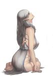  bad_id bad_pixiv_id bare_shoulders barefoot breasts dress full_body highres huge_breasts long_hair looking_up no_bra no_panties original pandea_work pointy_ears sideboob silver_hair simple_background sitting solo white_background 