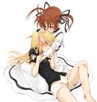  blush closed_eyes couple fate_testarossa hair_ornament happy highres hug lyrical_nanoha mahou_shoujo_lyrical_nanoha mahou_shoujo_lyrical_nanoha_a's multiple_girls ryou_(shirotsumesou) short_twintails smile takamachi_nanoha twintails yuri 