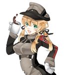  :d anchor_hair_ornament aqua_eyes arched_back bad_id bad_pixiv_id black_ribbon blonde_hair coffee colored_eyelashes cup drink gloves hair_ornament hair_ribbon hand_on_hip hat holding iron_cross kantai_collection long_hair long_sleeves military military_uniform mug open_mouth peaked_cap prinz_eugen_(kantai_collection) ribbon simple_background smile solo twintails uniform white_background white_gloves yuzumaki_(pon) 