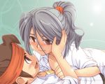  akari_seisuke blue_hair blush brown_eyes brown_hair endou_mamoru hair_over_one_eye headband inazuma_eleven inazuma_eleven_(series) kazemaru_ichirouta long_hair m_(pixiv9151) male_focus multiple_boys open_mouth ponytail school_uniform yaoi 