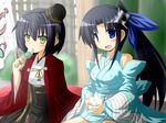  bare_shoulders black_hair blue_eyes cup dango eating food goma_(gomasamune) hair_ornament hair_ribbon japanese_clothes kimono long_hair looking_at_viewer miki_(oshiro_project) minakuchi_(oshiro_project) multiple_girls open_mouth oshiro_project ribbon sanshoku_dango short_hair shuriken side_ponytail skewer smile steam tea wagashi wide_sleeves yellow_eyes 