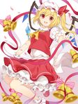 :d absurdres al_(ahr) ankle_cuffs bell blonde_hair christmas collared_shirt dress flandre_scarlet foreshortening frilled_shirt_collar frills happy hat highres looking_at_viewer mary_janes mob_cap open_mouth outstretched_hand petals red_eyes ribbon shirt shoes side_ponytail skirt skirt_set smile solo touhou vampire vest wings wrist_cuffs 