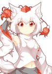  :&lt; animal_ears armpits bare_shoulders blush breasts detached_sleeves hat highres inubashiri_momiji looking_at_viewer midriff navel open_mouth pom_pom_(clothes) psychopath_idiot red_eyes sarashi short_hair silver_hair simple_background small_breasts solo sword sword_behind_back tail tokin_hat touhou weapon white_background wolf_ears wolf_tail 