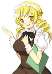  blonde_hair brown_dress dress drill_hair employee_uniform hair_ornament long_hair looking_at_viewer mahou_shoujo_madoka_magica maid_headdress menu open_mouth smile solo tomoe_mami tsubaki_(tatajd) twin_drills uniform waitress wrist_cuffs yellow_eyes 