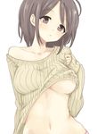  bad_id bad_pixiv_id breasts brown_eyes brown_hair clothes_lift collarbone eyebrows_visible_through_hair head_tilt large_breasts looking_away morina_nao navel off_shoulder original simple_background solo stomach sweater sweater_lift underboob upper_body 