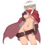 belt blush breast_slip breasts brown_gloves cape cecily_(sennen_sensou_aigis) contrapposto covering_mouth cowboy_shot fingerless_gloves gloves large_breasts long_hair nakadori_(movgnsk) naked_cape navel nipples one_breast_out sennen_sensou_aigis silver_hair solo standing very_long_hair white_background yellow_eyes 