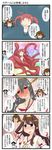  4girls 4koma admiral_(kantai_collection) ahoge aruva blush breasts brown_eyes brown_hair check_translation cleavage comic fairy_(kantai_collection) full-face_blush grey_eyes haruna_(kantai_collection) hat highres ikazuchi_(kantai_collection) kantai_collection kongou_(kantai_collection) long_hair medium_breasts multiple_girls naked_towel nontraditional_miko open_mouth peaked_cap pink_hair short_hair short_twintails sweatdrop tears tentacles towel translation_request twintails wavy_mouth 