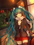  dutch_angle green_hair hand_on_own_chest hatsune_miku jewelry long_hair looking_at_viewer ring run_(sweettimehappy) scarf skirt smile solo thighhighs tree twintails very_long_hair vocaloid 