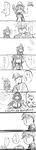  2girls :d absurdres admiral_(kantai_collection) ahoge arm_up bare_shoulders blush cake closed_eyes comic cup detached_sleeves eating food fork greyscale hairband hat highres kantai_collection kongou_(kantai_collection) koopo long_hair long_image military military_uniform monochrome mug multiple_girls nontraditional_miko open_mouth peaked_cap plate prinz_eugen_(kantai_collection) simple_background smile speech_bubble tall_image translation_request twintails uniform white_background 