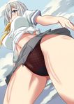  1girl blue_eyes blush breasts cameltoe erect_nipples female from_below hair_ornament hair_over_one_eye hairclip hamakaze_(kantai_collection) kantai_collection large_breasts midriff miniskirt mushin navel no_bra outdoors panties perky_breasts shiny shiny_skin shirt short_hair silver_hair skirt sky solo standing thighs underwear upskirt 