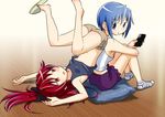  blue_hair casual highres long_hair mahou_shoujo_madoka_magica miki_sayaka multiple_girls ponytail red_eyes red_hair sakura_kyouko sat-c short_hair upside-down 