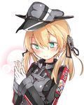  anchor_hair_ornament aqua_eyes beize_(garbage) black_ribbon blonde_hair blush gloves hair_ornament hair_ribbon hands_together hat kantai_collection long_hair military military_uniform peaked_cap prinz_eugen_(kantai_collection) ribbon simple_background smile solo twintails uniform white_background white_gloves 