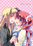  2girls blonde_hair blue_eyes brown_hair cheek-to-cheek couple fate_testarossa female hair_ornament hand_holding happy interlocked_fingers long_hair lyrical_nanoha mahou_senki_lyrical_nanoha_force mahou_shoujo_lyrical_nanoha mahou_shoujo_lyrical_nanoha_strikers mahou_shoujo_lyrical_nanoha_vivid multiple_girls open_mouth red_eyes smile takamachi_nanoha tsunpun very_long_hair yuri 