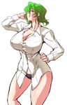  1girl black_panties breasts cleavage danna_(karatekikku) female green_hair huge_breasts kazami_yuuka no_pants older panties red_eyes shirt short_hair simple_background solo standing touhou underwear white_background white_shirt 