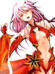  banana_imo bare_shoulders black_legwear breasts center_opening cleavage detached_sleeves elbow_gloves fingerless_gloves gloves guilty_crown hair_ornament hairclip long_hair looking_at_viewer medium_breasts navel pink_hair red_eyes solo thighhighs twintails yuzuriha_inori 