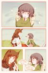  animal_ears blush brown_hair comic english food grey_hair highres imaizumi_kagerou japanese_clothes kimono long_hair mermaid monster_girl multiple_girls obi orz_(kagewaka) pocky red_eyes sash short_hair sparkle sweat touhou wakasagihime wolf_ears 