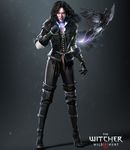  1girl animal bird black_hair crow gloves highres long_hair looking_at_viewer official_art purple_eyes standing the_witcher yennefer 