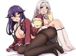  :d adjusting_eyewear ass bespectacled black_legwear braid breasts brown_eyes d: feet glasses grey_hair highres hu_sea huge_breasts inou-battle_wa_nichijou-kei_no_naka_de kneehighs kushikawa_hatoko large_breasts mole mole_under_eye multiple_girls necktie nipples no_shoes open_clothes open_mouth open_shirt panties panties_under_pantyhose pantyhose purple_hair school_uniform shirt sitting smile takanashi_sayumi thighband_pantyhose thighs twin_braids underwear white_background 