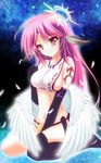  absurdres angel_wings asymmetrical_legwear blush breasts cross feathers gloves halo highres jibril_(no_game_no_life) karin_(rei862) large_breasts long_hair looking_at_viewer low_wings midriff multicolored_hair navel no_game_no_life pink_hair sideboob sitting smile solo symbol-shaped_pupils tattoo white_wings wings yellow_eyes 