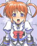  blue_eyes blush female looking_at_viewer lyrical_nanoha open_mouth orange_hair solo takamachi_nanoha to-gnaniwa 