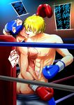  1boy 1girl abs battle beaten black_hair blonde_hair boxing boxing_ring breasts bruise defeated fighting forced game_over gloves highres injury kiss large_breasts muscle nipples rape short_hair sport sweat t178 tears topless translation_request 