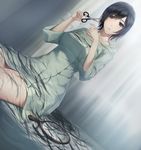  bad_end black_hair blue_eyes breasts cutting_hair game_cg highres hospital_gown innocent_grey kara_no_shoujo_2 kayahara_yukiko kneeling large_breasts mirror open_mouth scissors severed_hair short_hair solo spoilers sugina_miki 