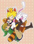  2boys animal_costume animal_ears bad_id bad_pixiv_id blonde_hair blue_eyes cat_costume cat_ears cat_tail crossover crown earrings facial_hair gloves group_hug hat hug jewelry link lipstick makeup mario mario_(series) mario_kart mario_kart_8 multiple_boys mustache one_eye_closed pants princess_peach raccoon_ears raccoon_tail sidelocks smile super_mario_3d_world super_mario_bros. tail tanuki_costume the_legend_of_zelda tunic white_gloves yo_mo 