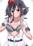  black_hair blouse blush bra breasts feathered_wings grey_bra hat large_breasts looking_at_viewer open_blouse open_clothes pointy_ears red_eyes shameimaru_aya short_hair short_sleeves solo tokin_hat touhou toujou_(toujou_ramen) underwear white_blouse wings 