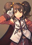  anise_tatlin arm_up bare_shoulders bow brown_eyes brown_hair gloves hair_ribbon highres junwool md5_mismatch ribbon smile solo tales_of_(series) tales_of_the_abyss twintails yellow_bow 