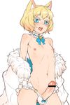  1boy animal_ears bar_censor blonde_hair blue_eyes blush bow cat_ears censored choker cowboy_shot crossdressing erection heart highres looking_at_viewer male male_focus navel nipples open_mouth original panties penis simple_background solo sweat trap underwear white_background xil 