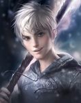  frost hood hoodie ice jack_frost_(rise_of_the_guardians) looking_at_viewer magic parted_lips rise_of_the_guardians sakimichan smile solo staff white_hair 