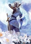  absurdres breasts dark_elf dark_skin elf flower gloves highres lily_(flower) medium_breasts namaniku_atk pantylines pirotess pointy_ears record_of_lodoss_war sideboob solo sword weapon white_hair 