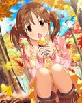  artist_request autumn_leaves breasts broom brown_eyes brown_hair cardigan chestnut_mouth collarbone dress eating food from_below idolmaster idolmaster_cinderella_girls lamppost large_breasts long_sleeves looking_at_viewer off_shoulder official_art open_cardigan open_clothes open_mouth outdoors scrunchie sleeveless sleeveless_dress solo spaghetti_strap squatting totoki_airi tree twintails 