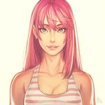  annie_mei annie_mei_project breasts caleb_thomas cleavage closed_eyes earrings eyebrows green_eyes hair_down jewelry lips long_hair medium_breasts nose parted_lips pink_hair smile solo striped tank_top upper_body watermark web_address 