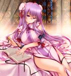  adapted_costume alternate_costume bed bespectacled book bow breasts bun_cover china_dress chinese_clothes crescent double_bun dress glasses hair_bow highres large_breasts long_hair looking_at_viewer moneti_(daifuku) patchouli_knowledge purple_eyes purple_hair solo touhou 