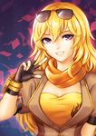  artist_name blonde_hair breasts cleavage eyewear_on_head fingerless_gloves gauntlets glint gloves grin hair_between_eyes jacket long_hair looking_at_viewer medium_breasts pricey purple_eyes rwby scarf smile solo sunglasses upper_body v watermark web_address yang_xiao_long 