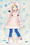  1girl ayu_(mog) bad_id bad_pixiv_id bear_hat blonde_hair blue_eyes blue_legwear blush boots bow bowtie fang fish full_body gloves hair_ornament hairclip heart looking_at_viewer open_mouth original pantyhose paw_gloves paws solo standing tree 