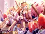  1girl absurdres blonde_hair blue_eyes blueberry blush boots brother_and_sister dress elbow_gloves food fork fruit gloves hair_ribbon hairband highres ice_cream in_food kagamine_len kagamine_rin knee_boots kneehighs looking_at_viewer maple miniboy minigirl open_mouth oversized_object ponytail ribbon short_hair short_ponytail siblings sitting skirt smile strawberry twins vocaloid 