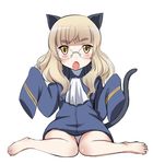  age_regression animal_ears bangs bare_legs barefoot blonde_hair blunt_bangs blush body_blush cat_ears cat_tail cravat eyebrows full_body glasses jacket kaneko_(novram58) long_hair long_sleeves looking_at_viewer military military_uniform no_legwear open_mouth oversized_clothes perrine_h_clostermann simple_background sitting sleeves_past_fingers sleeves_past_wrists solo strike_witches sweatdrop tail uniform wariza white_background world_witches_series yellow_eyes younger 