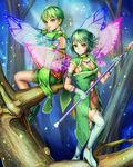  1boy 1girl brother_and_sister child fairy green_eyes green_hair original outdoors realistic shorts siblings sitting slit_pupils to1989 tree wings 