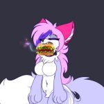  2018 alternate_version_at_source anthro breasts burger burger_bun canine cheese fangs featureless_breasts female food fox front_view fruit grey_background hair lettuce mammal mazz mazzlerazz meat navel pink_ears pink_hair simple_background solo standing tomato 