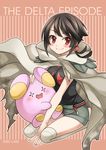  alternate_skin_color black_hair cape gen_3_pokemon higana_(pokemon) highres mono_land pokemon pokemon_(creature) pokemon_(game) pokemon_oras red_eyes shorts whismur 