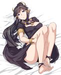  :o anklet armlet bare_legs barefoot blue_eyes breasts brown_hair cleavage dress egyptian eyeshadow feet hair_tubes hairband jewelry kurowa legs long_hair long_legs lying makeup medium_breasts nephthys_(p&amp;d) on_back ponytail puzzle_&amp;_dragons soles solo toes 