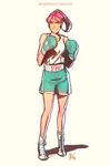  annie_mei annie_mei_project boxing_gloves caleb_thomas full_body green_eyes long_hair pink_hair ponytail scrunchie shoes shorts smile socks solo tank_top watermark web_address 