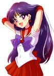  :d armpits arms_behind_head back_bow bishoujo_senshi_sailor_moon black_hair bow choker earrings hino_rei jewelry long_hair looking_at_viewer matyaha official_style open_mouth pleated_skirt purple_bow purple_eyes purple_hair red_sailor_collar red_skirt sailor_collar sailor_mars sailor_senshi_uniform skirt smile solo star star_earrings very_long_hair white_background 