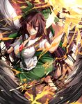  arm_cannon bird_wings black_hair black_wings bow breasts cape energy_ball grin hair_bow large_breasts light_trail red_eyes reiuji_utsuho shirt short_sleeves skirt smile solo symbol-shaped_pupils third_eye touhou uumenn weapon wings 
