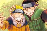  bad_id bad_pixiv_id black_hair blonde_hair closed_eyes forehead_protector grin hand_on_another's_head jumpsuit male_focus multiple_boys naruto naruto_(series) ponytail scar smile tears toshi_(t-s-h) umino_iruka uzumaki_naruto vest whisker_markings 