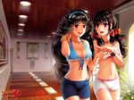  bangle beli_lapran bike_shorts black_hair blue_panties bow bracelet breasts choker cleavage commentary dark_skin earrings front-tie_top hair_bow hair_flip hair_tubes hairband highleg highleg_panties highres hoop_earrings huniepop indian jewelry kaskia kyanna_delrio large_breasts long_hair medium_breasts midriff multiple_girls navel official_art panties pink_eyes promotional_art red_eyes sports_bra underwear very_long_hair watermark 