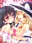  black_hair blonde_hair blush breasts brown_eyes dildo enjoy_mix hakurei_reimu hat kirisame_marisa medium_breasts multiple_girls nipples one_eye_closed saliva saliva_trail touhou witch_hat yellow_eyes 