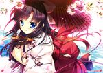  :d absurdres blue_eyes brown_hair cherry_blossoms hakama highres huge_filesize japanese_clothes long_hair mikeou miko open_mouth parasol red_hakama ribbon sidelocks smile solo umbrella 